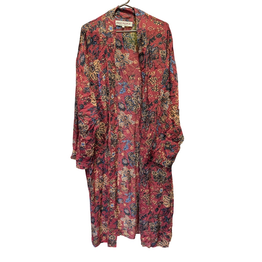 Free People Duster Kimono Women L Red Excellent Floral Boho Open Front Long Coat